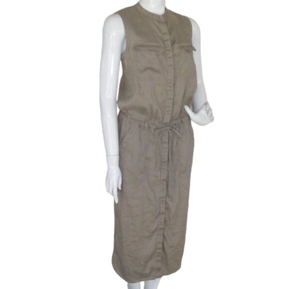 VINCE Midi Dress, XS, Khaki, Career, Sleeveless, Linen, Shirtdress - Picture 2 of 11